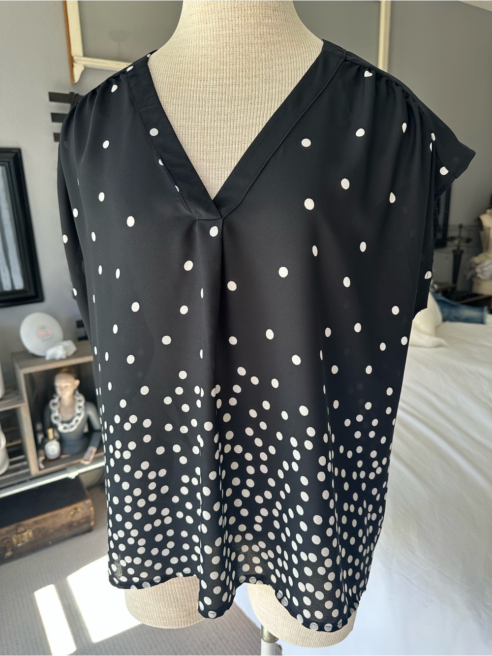 Ann Taylor Factory Black Blouse with White Polka Dots, size large